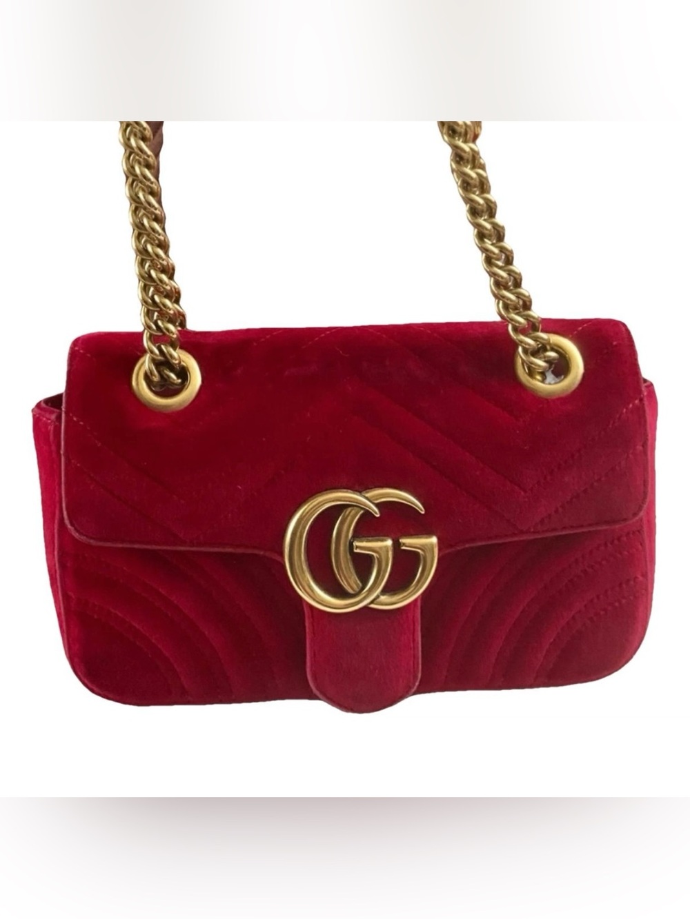 Gucci Red Velvet GG Marmont Small Shoulder Bag with Gold Hardware